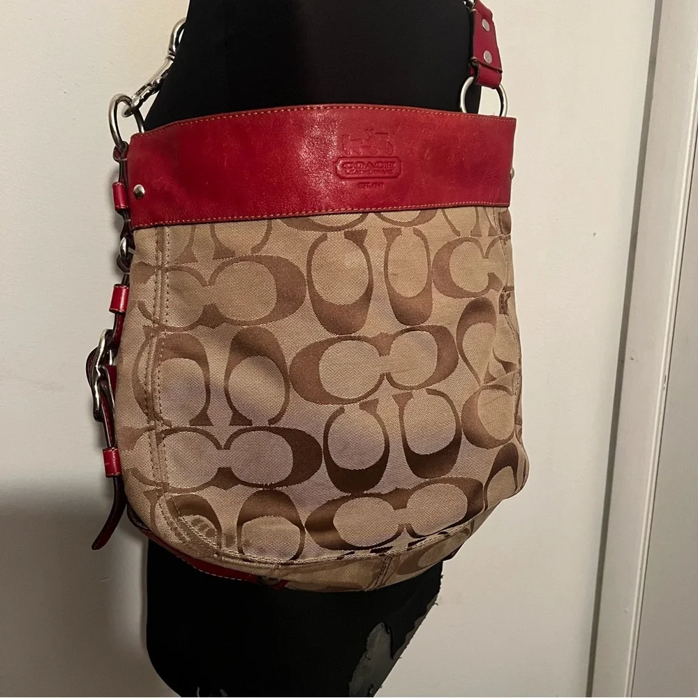 Coach F12674 Zoe Signature C Khaki Jacquard Red Leather Hobo Shoulder Bag - Picture 3 of 16